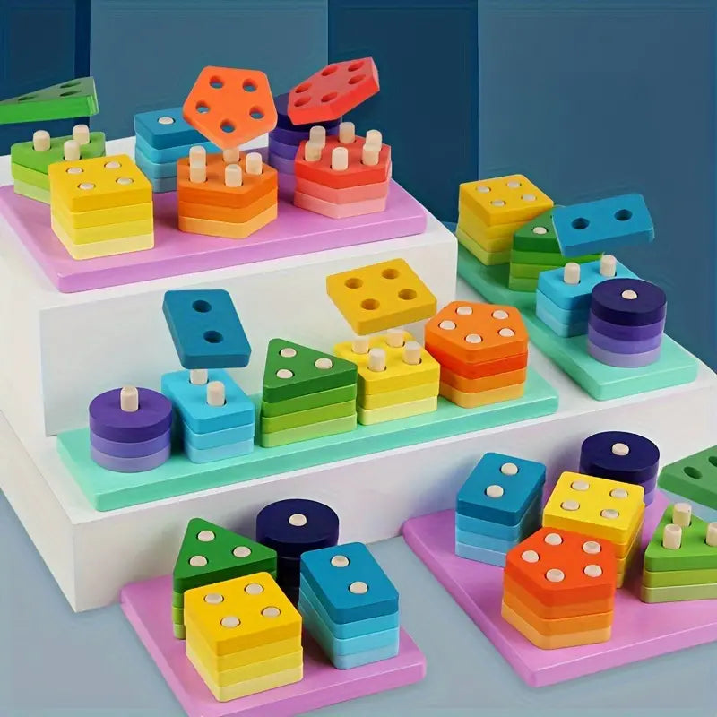 Puzzle Wooden Geometry Set Of Pillars Wooden Four Sets Of Pillars Six Sets Of Pillars Montessori Early Learning Cognitive Blocks Pairs