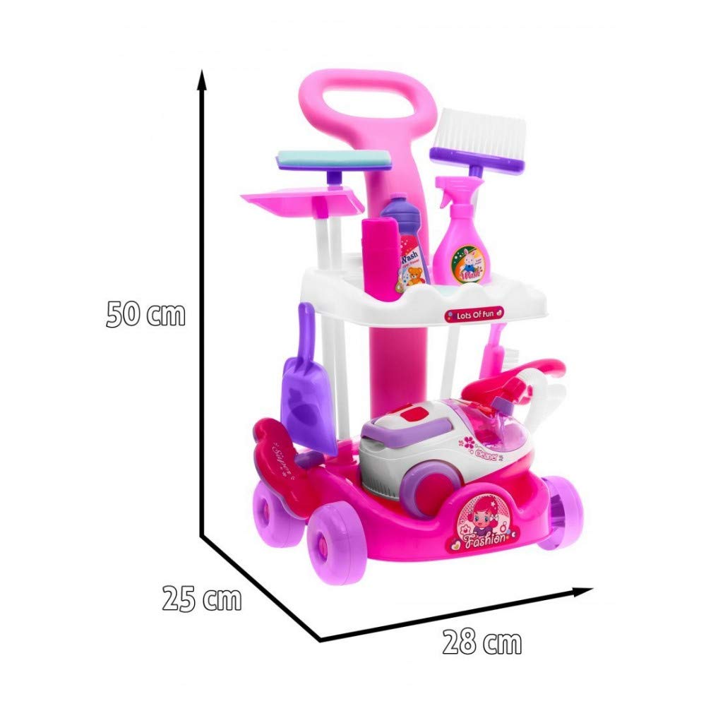 Big Size Complete Home Helper Cleaning Trolley Play Set with Working Vacuum Cleaner Toy Pull Along Cart and Accessories for Kids Girls