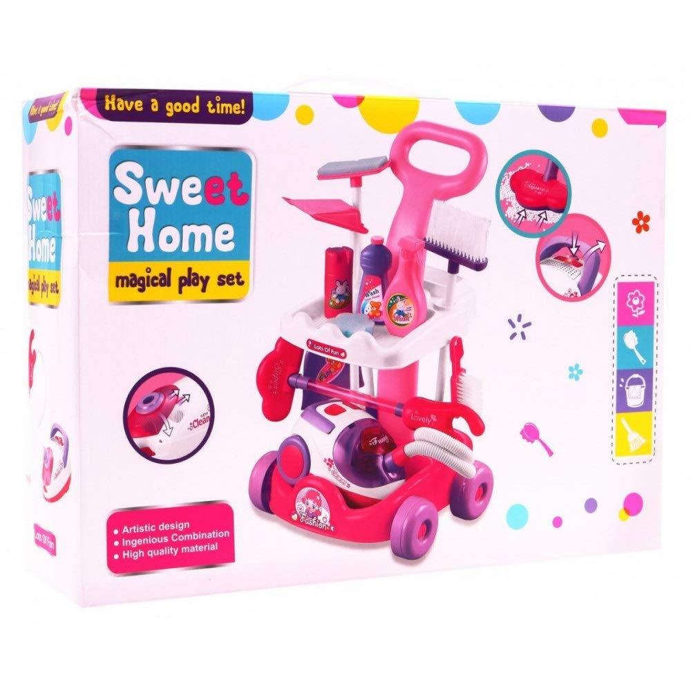 Big Size Complete Home Helper Cleaning Trolley Play Set with Working Vacuum Cleaner Toy Pull Along Cart and Accessories for Kids Girls