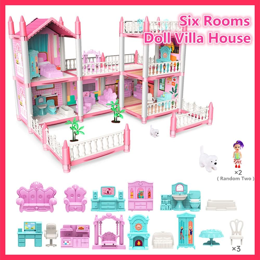Dreamy Pink Dollhouse Playset, Equipped with 2 Dolls Figures and A Pet