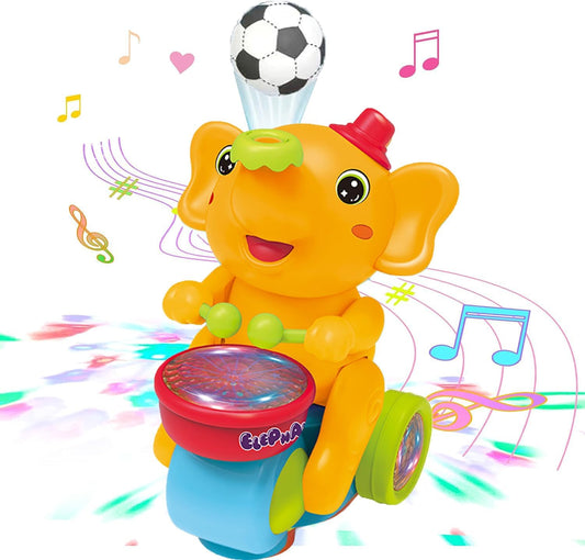 Elephant Musician Toy with Music and Flashing Light Drum Playing with 2 Blowing Ball Electric Toys for Kids