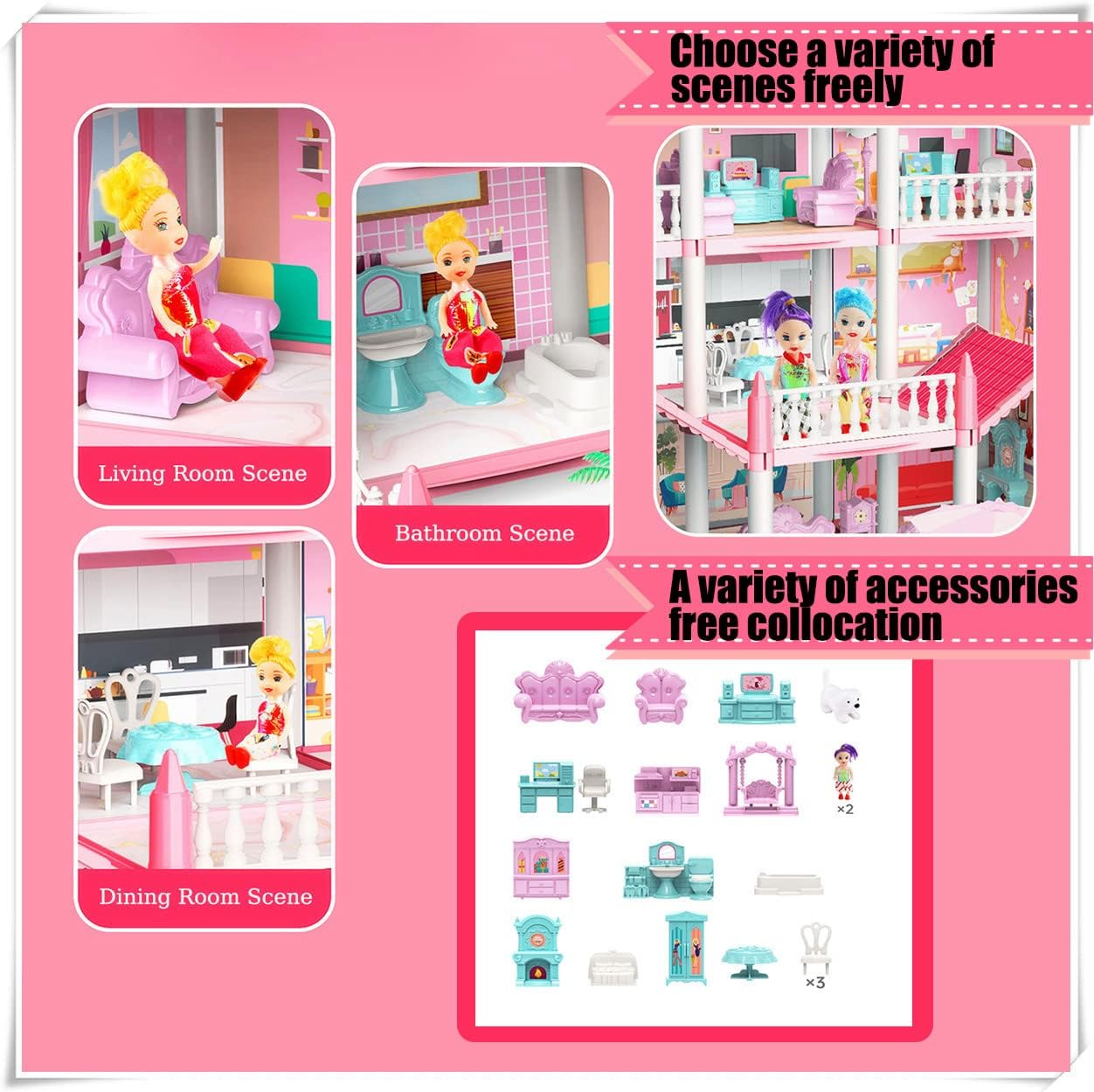 Dreamy Pink Dollhouse Playset, Equipped with 2 Dolls Figures and A Pet
