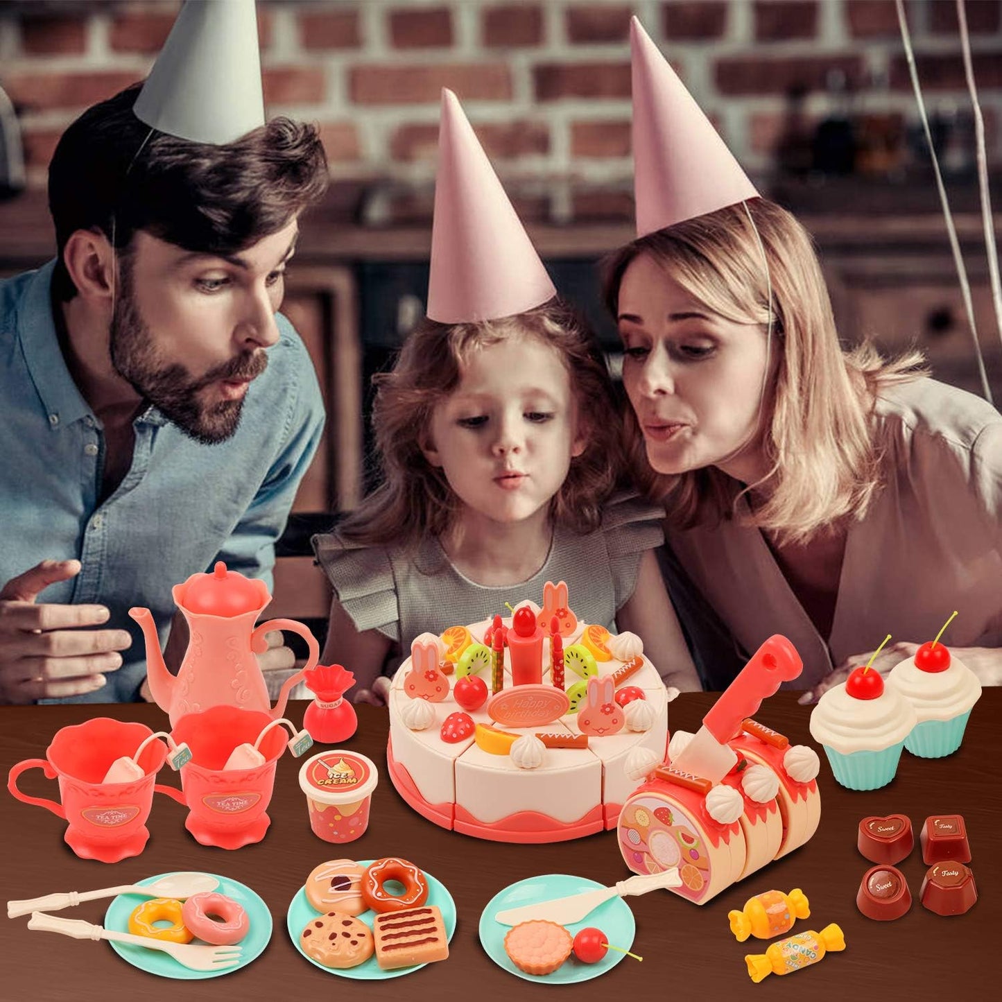 83 Pcs DIY Birthday Cake Toy, Decorating Party Role Play Food, Pretend Play Food Tea Sets