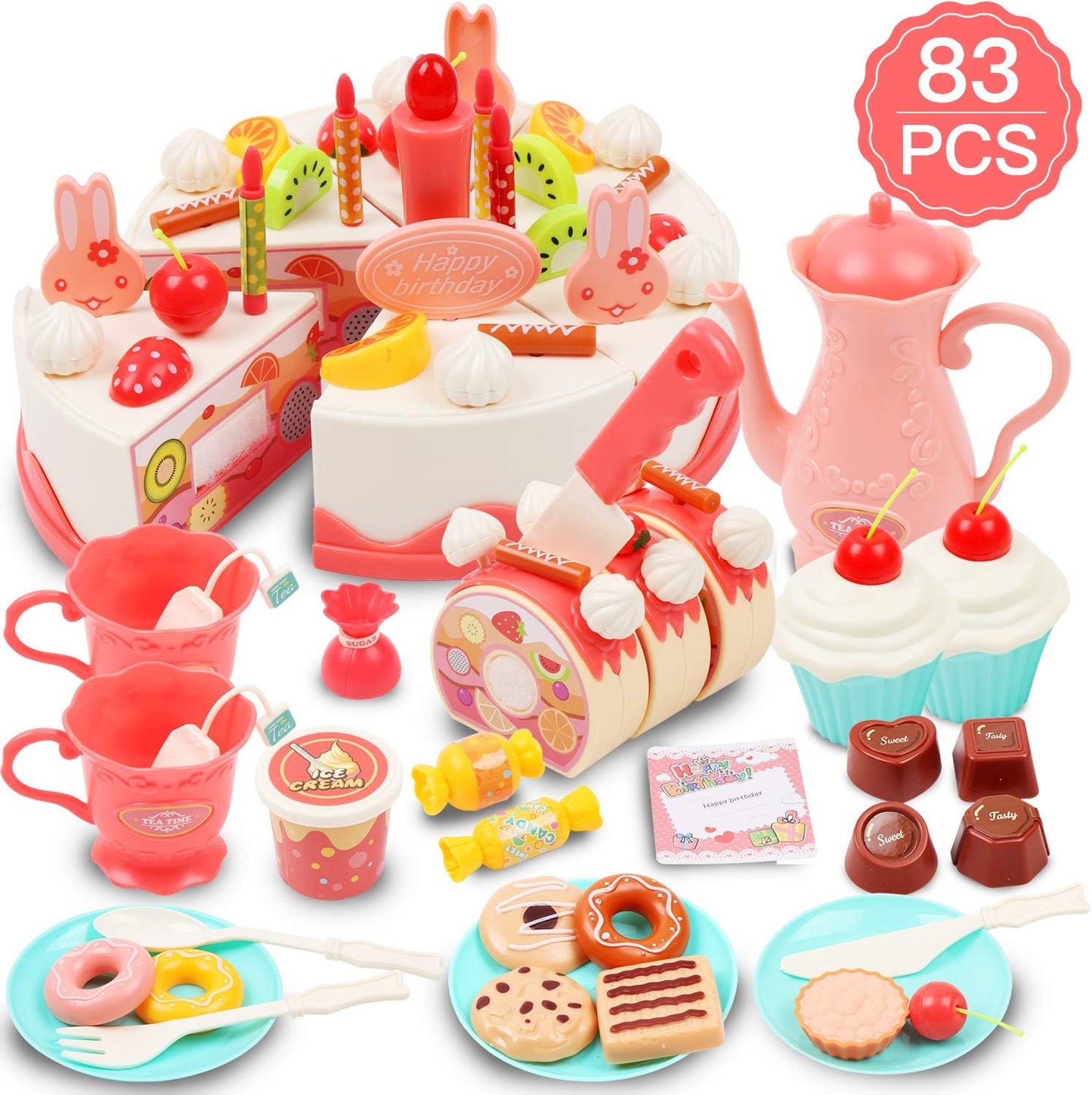 83 Pcs DIY Birthday Cake Toy, Decorating Party Role Play Food, Pretend Play Food Tea Sets