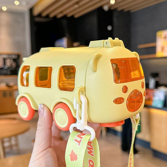 School Theme Bottle Bus Car Shape Straw Water Bottle with Shoulder Strap Summer Drinking Bottle Leak Proof