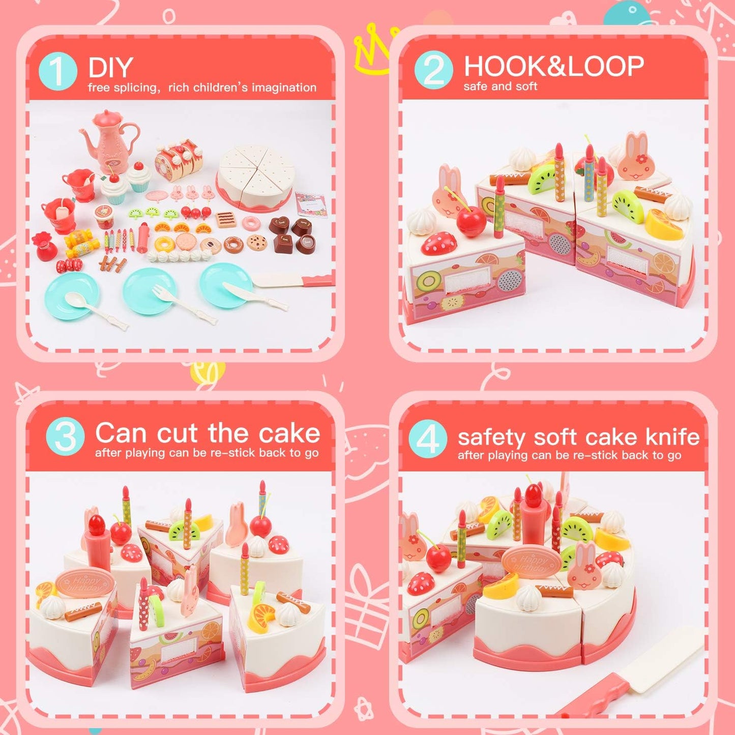 83 Pcs DIY Birthday Cake Toy, Decorating Party Role Play Food, Pretend Play Food Tea Sets