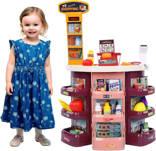 Pretend Play Kids Grocery Store, Supermarket Play Set with Cash Register Scanner Fruits Vegetables Boxes Bottles Stickers and More for Boys Girls