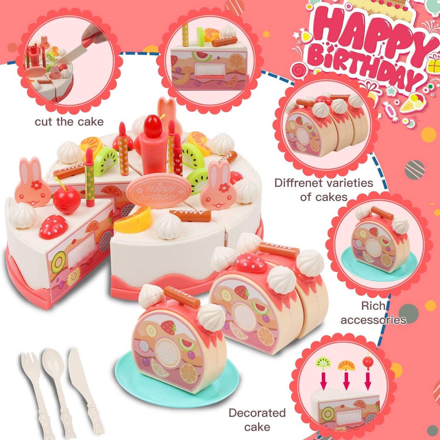 83 Pcs DIY Birthday Cake Toy, Decorating Party Role Play Food, Pretend Play Food Tea Sets
