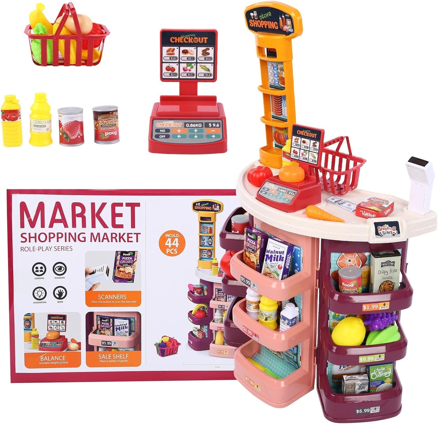 Pretend Play Kids Grocery Store, Supermarket Play Set with Cash Register Scanner Fruits Vegetables Boxes Bottles Stickers and More for Boys Girls