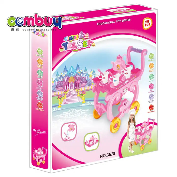 Trolley big dining car 29PCS pink girls toy tea set for kids