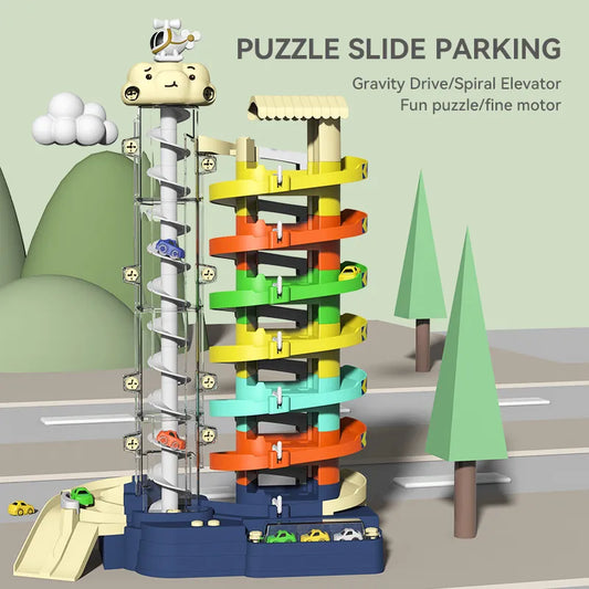 Kids Toys Electric Lift Rail Car Parking Toy Montessori Boys Girls Racing Cars Mechanical Adventure Table Game For Children Gift