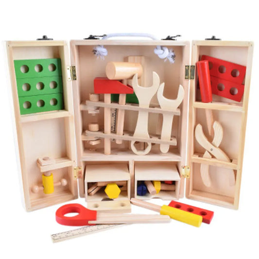 Wooden Toolbox Premium Quality Pretend Play Set Educational Montessori Toys Nut Disassembly Screw Assembly Simulation Repair Carpenter Tool