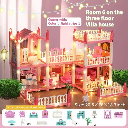 Dreamy Pink Dollhouse Playset, Equipped with 2 Dolls Figures and A Pet