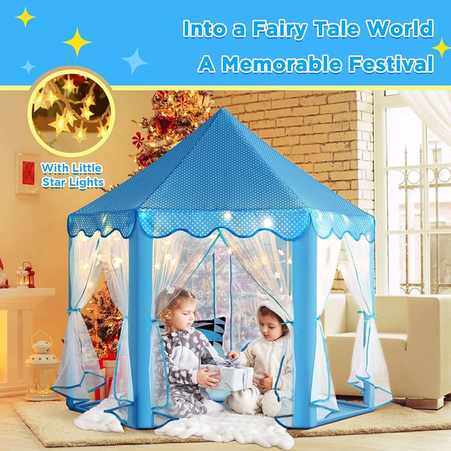 Princess Castle Play Tent with Star Light for Girls and Boys with Light, Plushie and 100 Balls