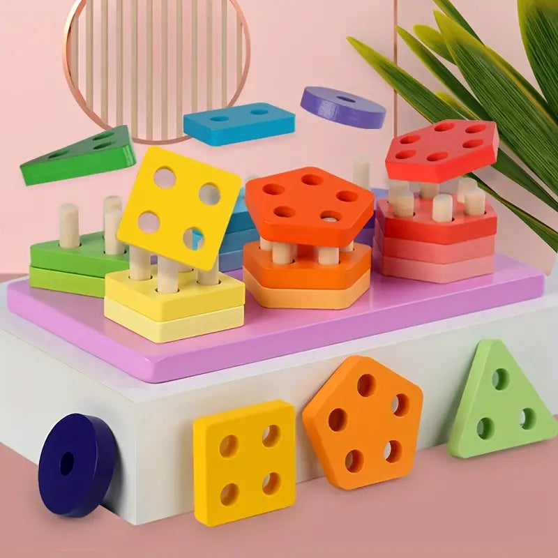Puzzle Wooden Geometry Set Of Pillars Wooden Four Sets Of Pillars Six Sets Of Pillars Montessori Early Learning Cognitive Blocks Pairs