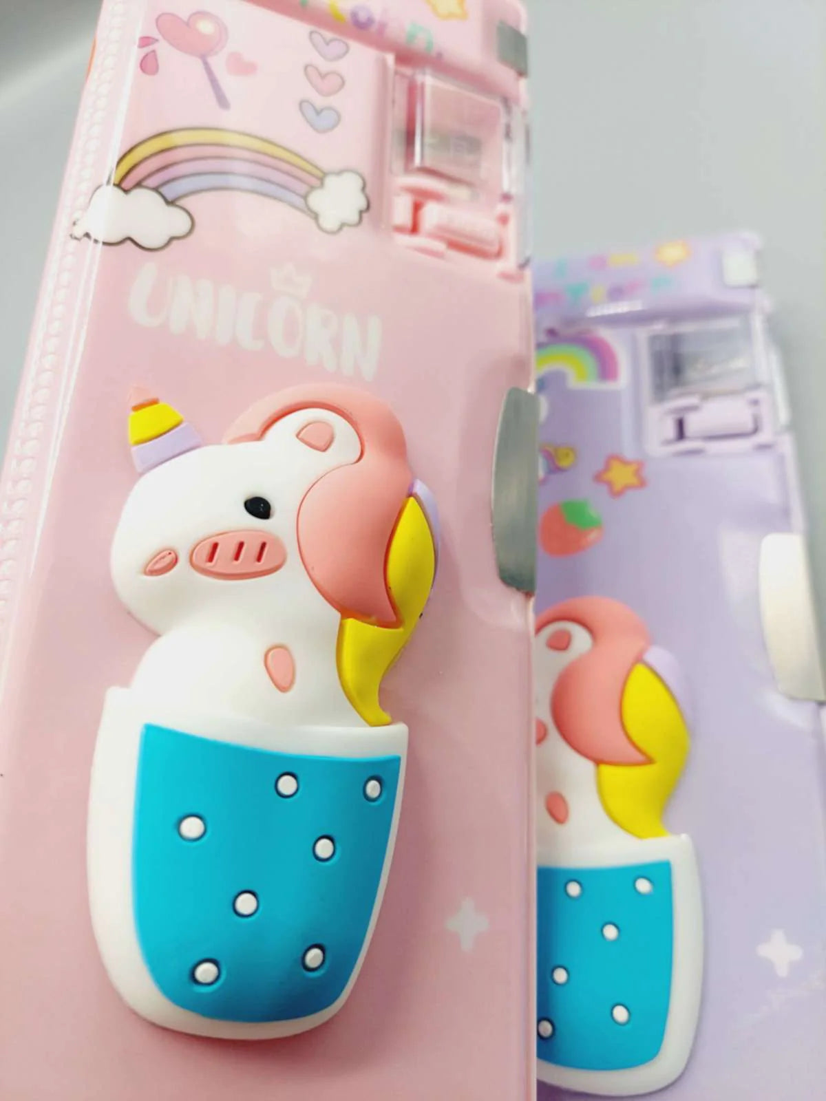 3D Unicorn Themed Double-Sided Magnetic Geometry Box with dual Sharpeners, Fancy Pencil Case for School kids-Boys and Girls