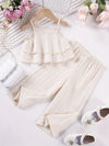 2pcs Baby's Solid Color Textured Cami Top + Casual Wide Leg Pants