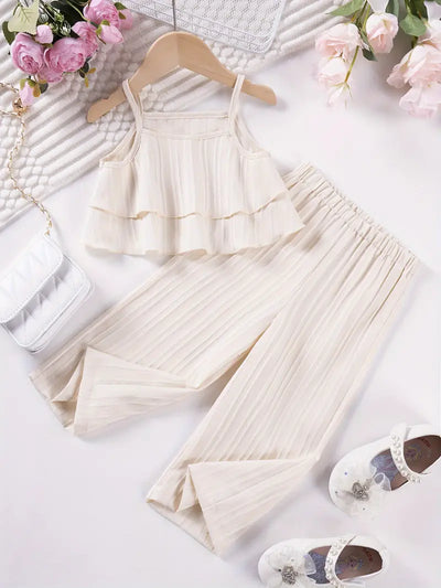 2pcs Baby's Solid Color Textured Cami Top + Casual Wide Leg Pants