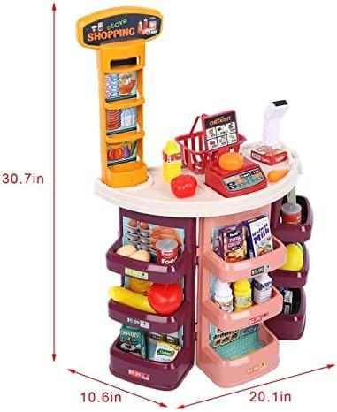 Pretend Play Kids Grocery Store, Supermarket Play Set with Cash Register Scanner Fruits Vegetables Boxes Bottles Stickers and More for Boys Girls