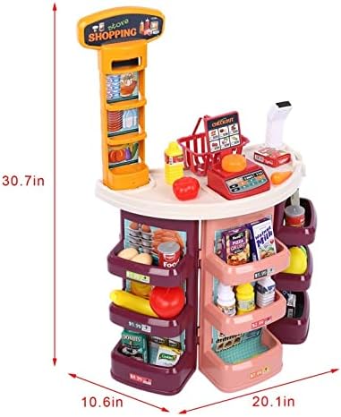Pretend Play Kids Grocery Store, Supermarket Play Set with Cash Register Scanner Fruits Vegetables Boxes Bottles Stickers and More for Boys Girls