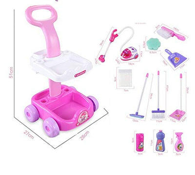 Big Size Complete Home Helper Cleaning Trolley Play Set with Working Vacuum Cleaner Toy Pull Along Cart and Accessories for Kids Girls