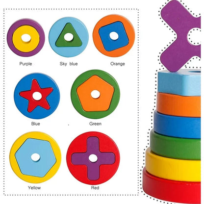 Wooden Toys Rainbow Tower Sorting Stacking Rings Building Puzzles Toys Educational Color Geometric Shape Recognition Learning
