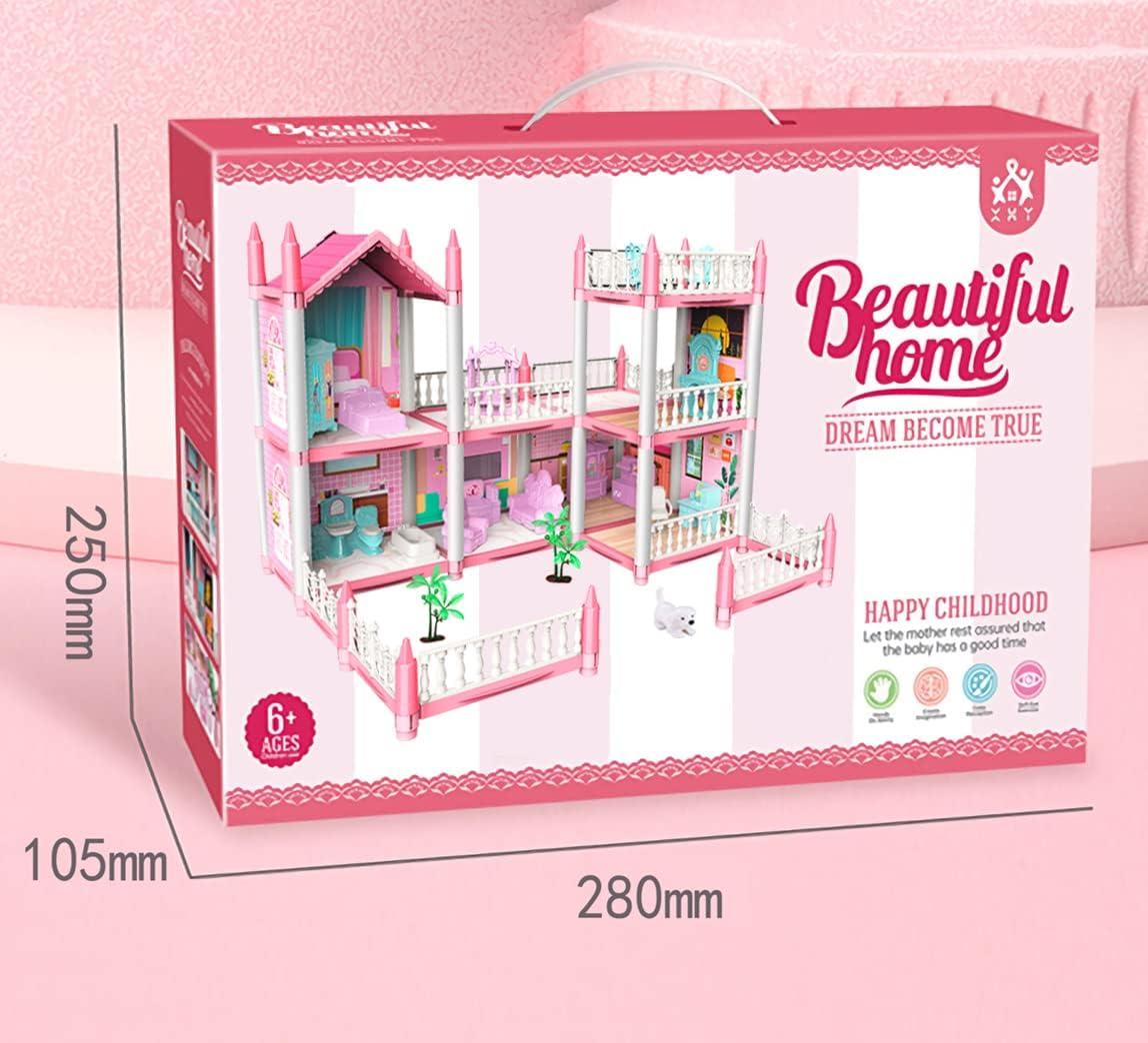 Dreamy Pink Dollhouse Playset, Equipped with 2 Dolls Figures and A Pet