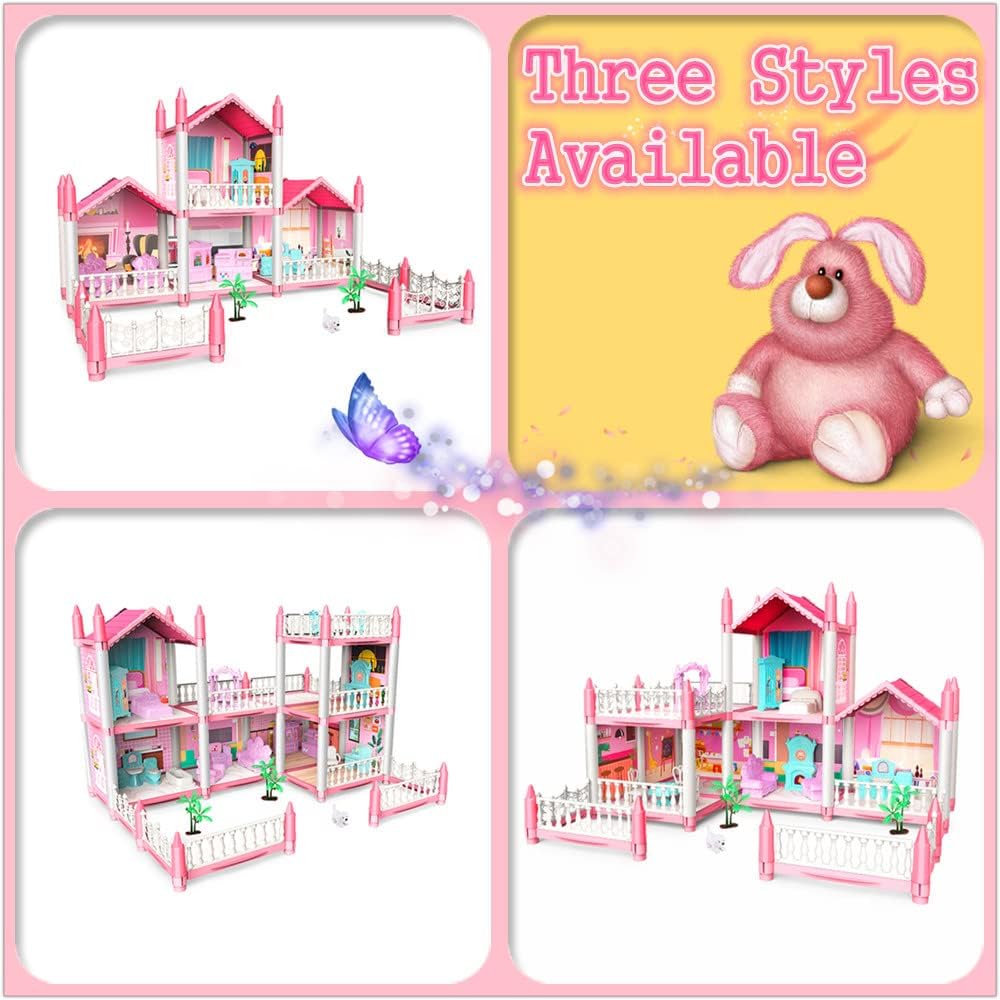 Dreamy Pink Dollhouse Playset, Equipped with 2 Dolls Figures and A Pet