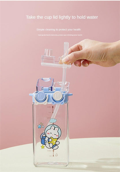Cartoon Square Boys School Water Bottle with Double Screw Drinking Cup