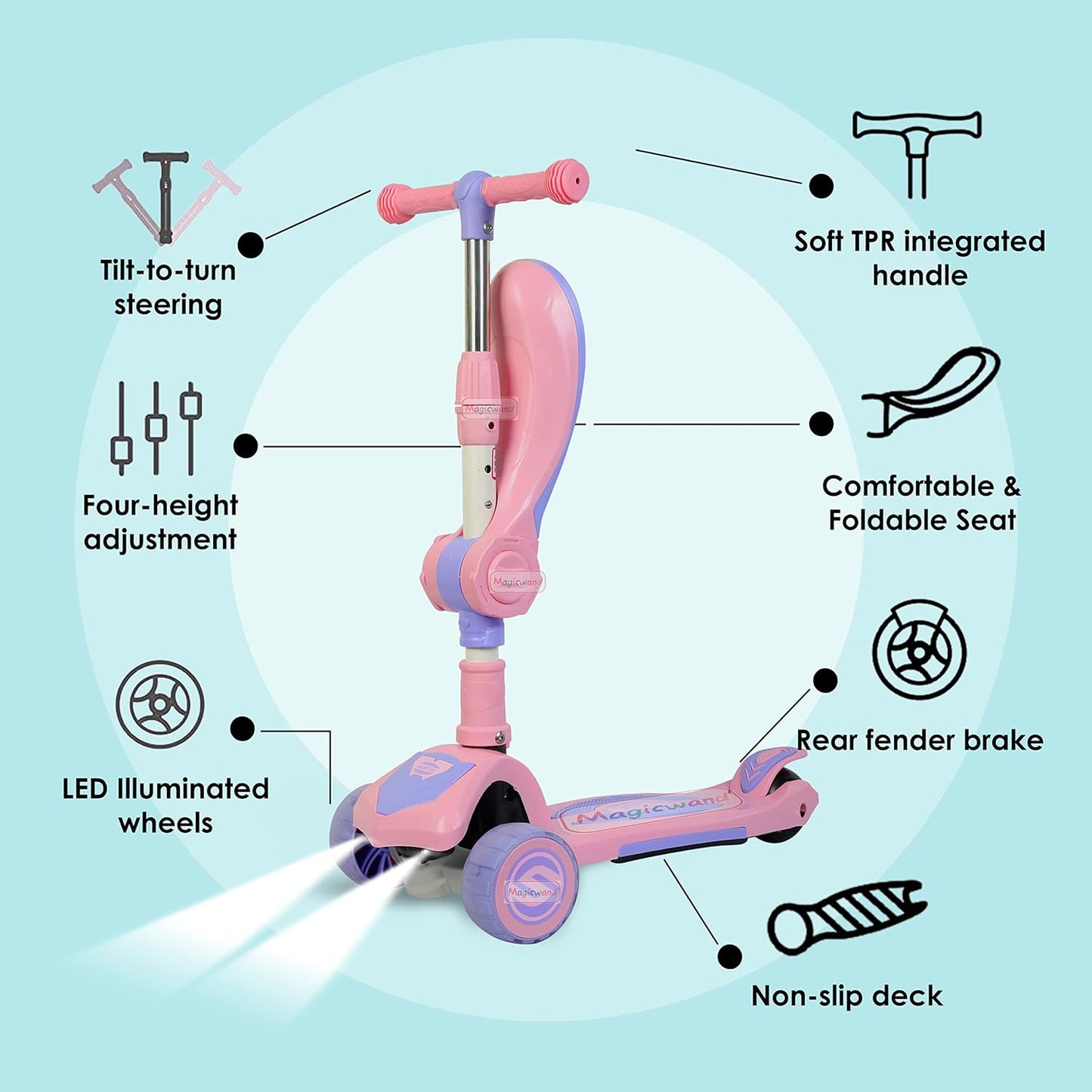 Magicwand Foldable 2-in-1 Sit & Stand Wide Platform Height Adjustable Kick Scooter for Kids with Foldable Seat,Lights & Music