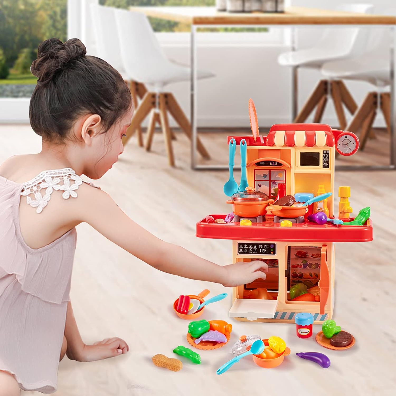 Kids Role Play Toy Mini Size Kitchen Set with Light and Sound Pretend Food Cooking Toys Set Cookware Playset Gifts for Children