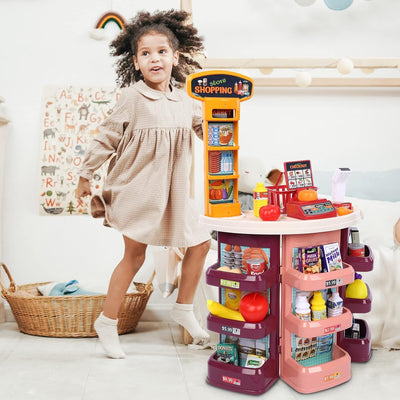 Pretend Play Kids Grocery Store, Supermarket Play Set with Cash Register Scanner Fruits Vegetables Boxes Bottles Stickers and More for Boys Girls