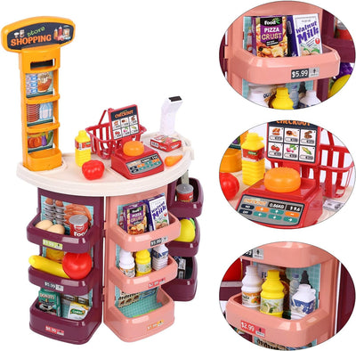 Pretend Play Kids Grocery Store, Supermarket Play Set with Cash Register Scanner Fruits Vegetables Boxes Bottles Stickers and More for Boys Girls