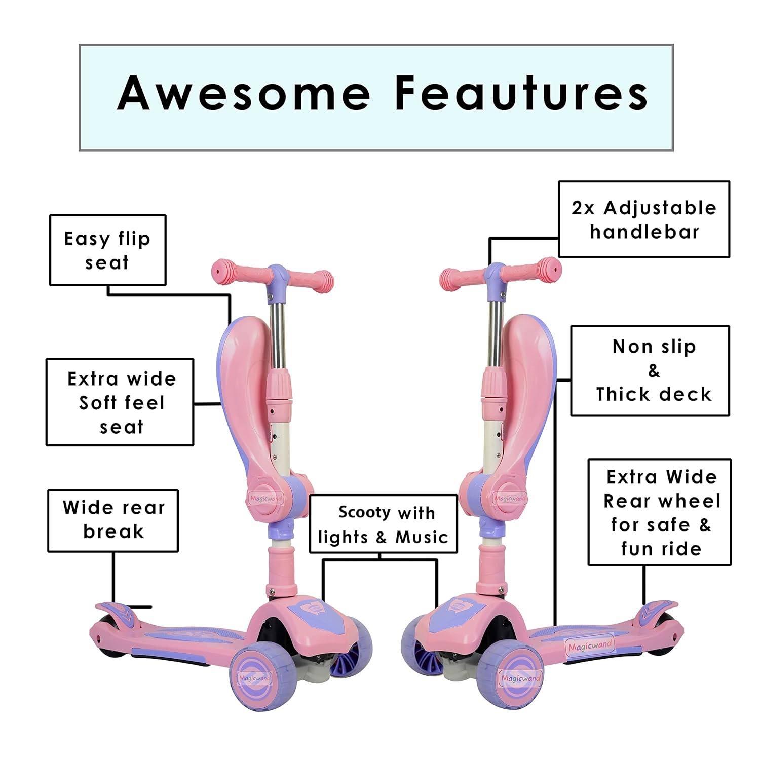 Magicwand Foldable 2-in-1 Sit & Stand Wide Platform Height Adjustable Kick Scooter for Kids with Foldable Seat,Lights & Music
