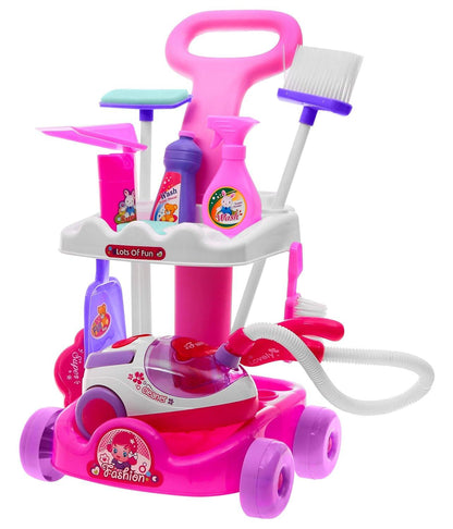 Big Size Complete Home Helper Cleaning Trolley Play Set with Working Vacuum Cleaner Toy Pull Along Cart and Accessories for Kids Girls