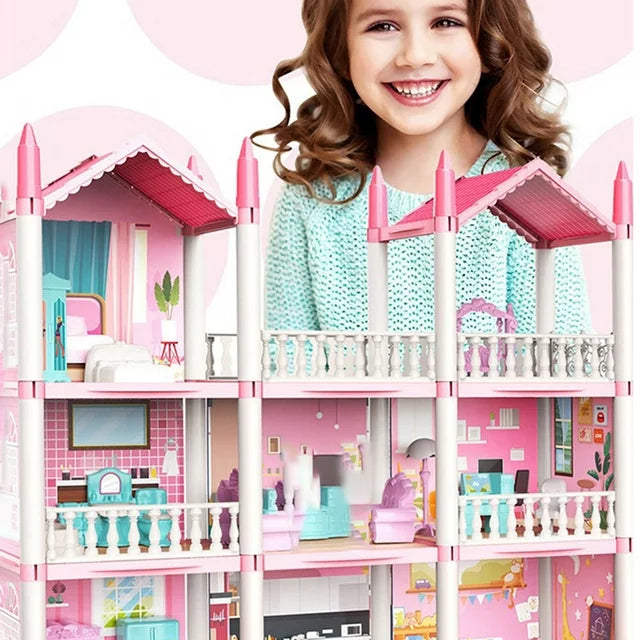 Dreamy Pink Dollhouse Playset, Equipped with 2 Dolls Figures and A Pet