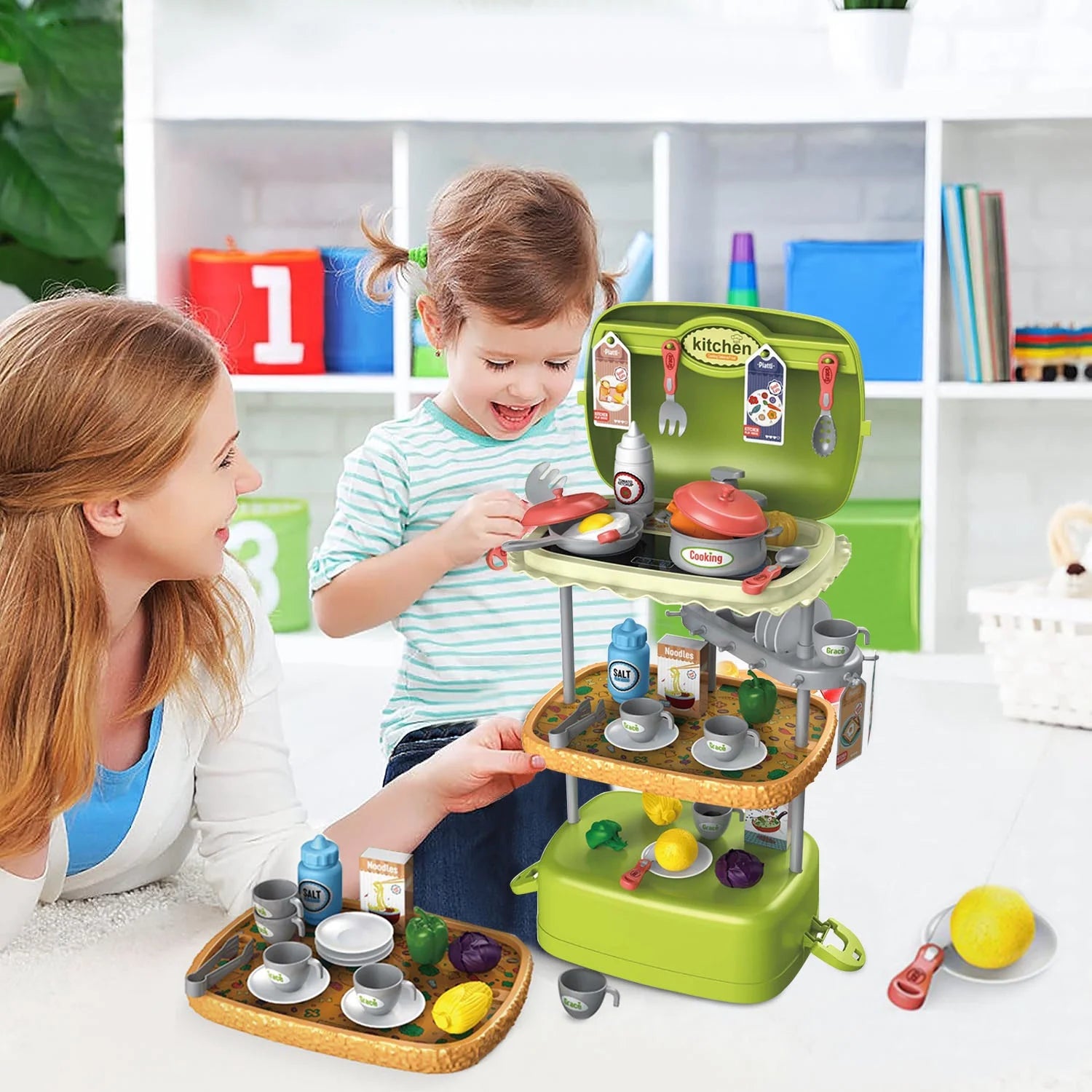 55 PCS Kids Kitchen Playset 3 in 1 Play Kitchen Accessories Toy Play Toyster