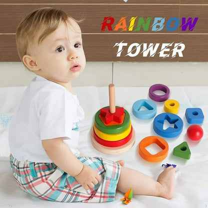 Wooden Toys Rainbow Tower Sorting Stacking Rings Building Puzzles Toys Educational Color Geometric Shape Recognition Learning