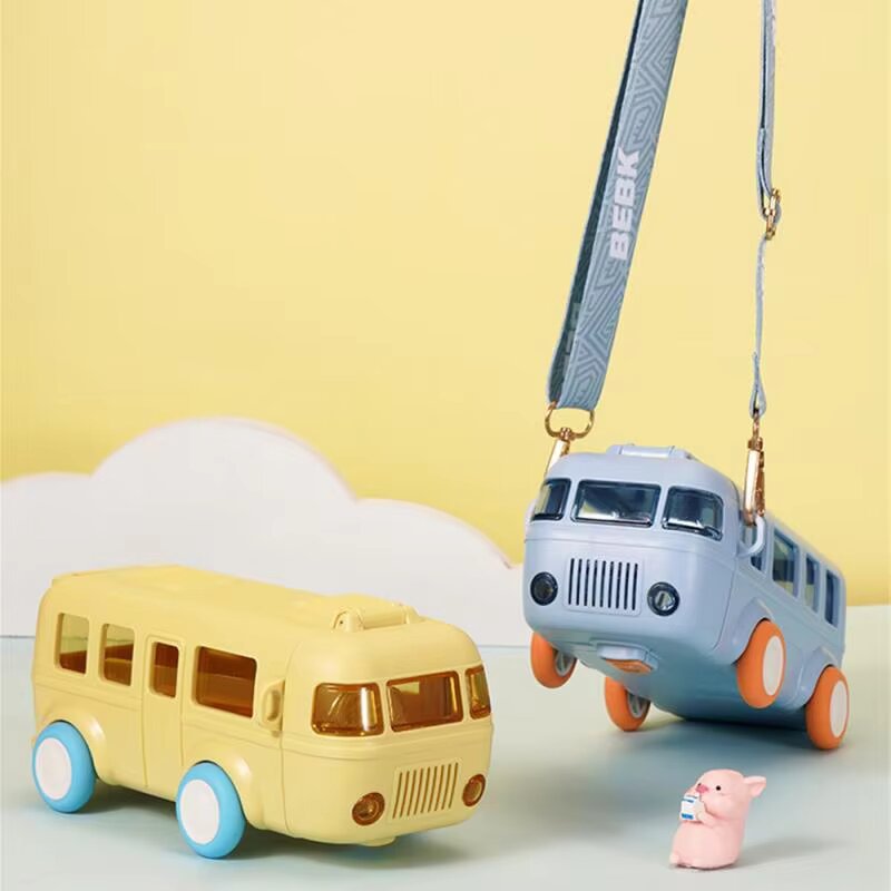 School Theme Bottle Bus Car Shape Straw Water Bottle with Shoulder Strap Summer Drinking Bottle Leak Proof