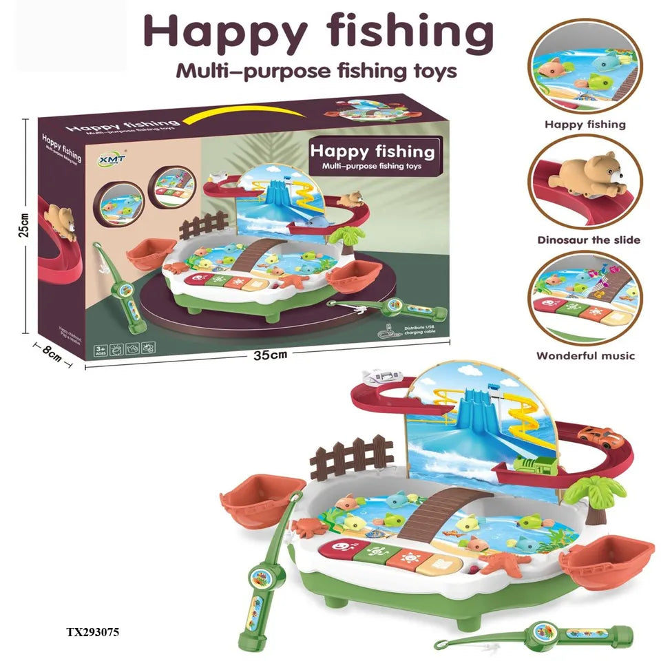 Happy Fishing Multi-function Slide Track Toy Storytelling Colorful Lights Stairs Electric Fishing Game Table Toy Set