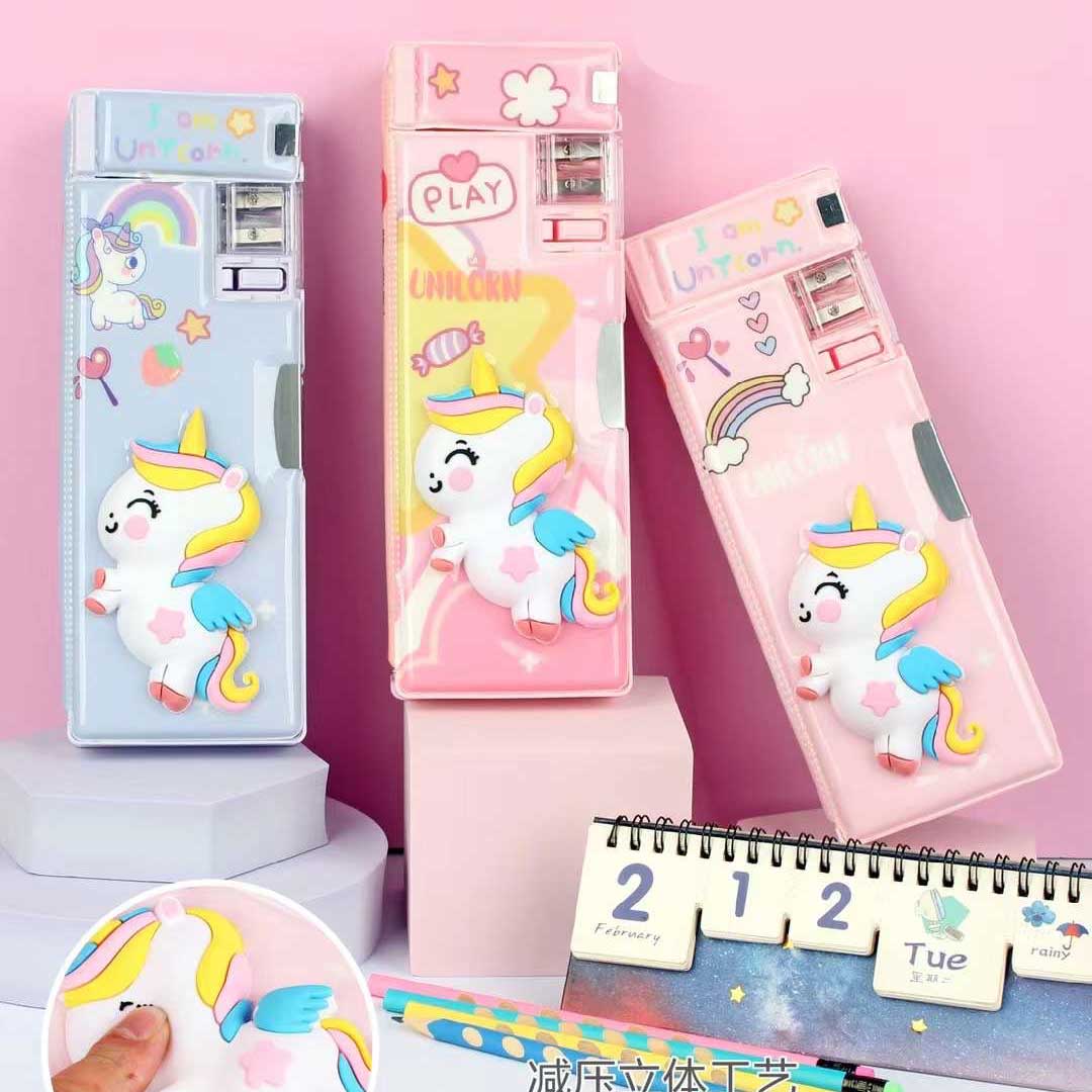 3D Unicorn Themed Double-Sided Magnetic Geometry Box with dual Sharpeners, Fancy Pencil Case for School kids-Boys and Girls