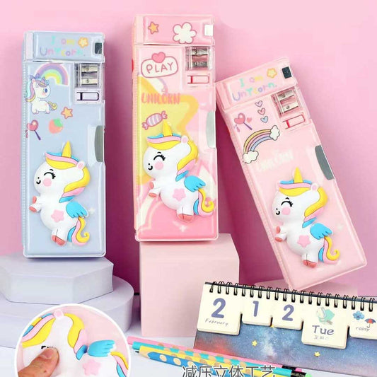 3D Unicorn Themed Double-Sided Magnetic Geometry Box with dual Sharpeners, Fancy Pencil Case for School kids-Boys and Girls