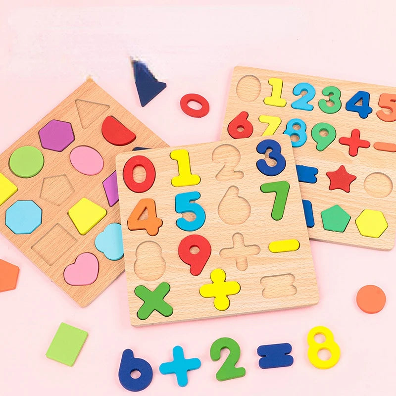 Kindergarten Early Education Aids Interaction Toys for Children Wooden Hand Grab Board Letter Digital 3D Mosaic Puzzle Toy