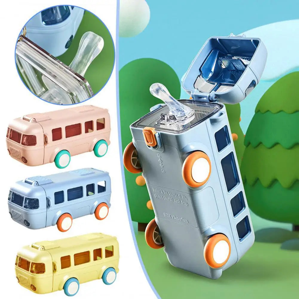 School Theme Bottle Bus Car Shape Straw Water Bottle with Shoulder Strap Summer Drinking Bottle Leak Proof