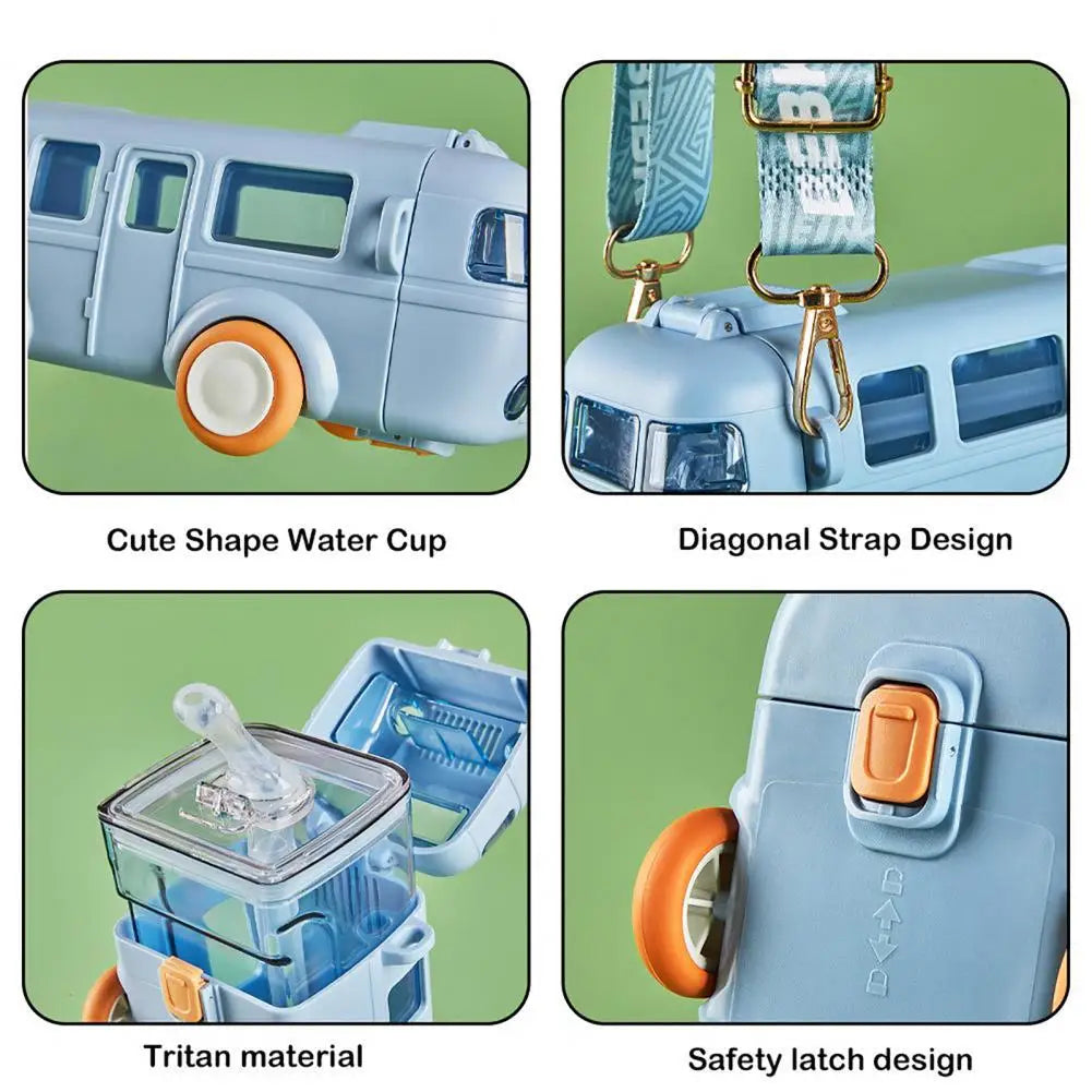 School Theme Bottle Bus Car Shape Straw Water Bottle with Shoulder Strap Summer Drinking Bottle Leak Proof