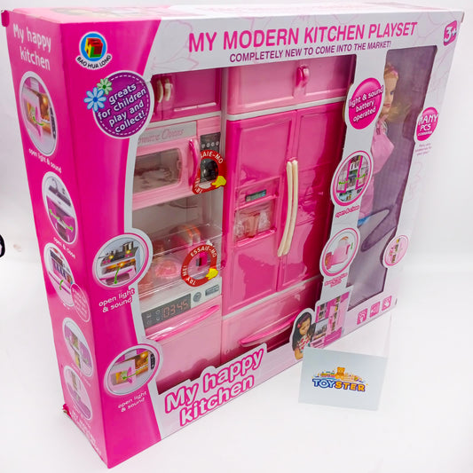 New Pretend Play 3 in 1 Simulation Kitchen Set Cooking Cabinet Tool Tableware Doll Toys for Girls With Light and Sound