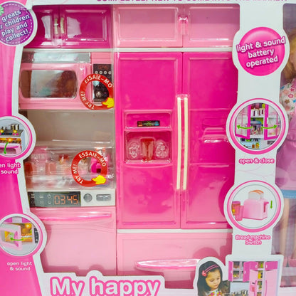 New Pretend Play 3 in 1 Simulation Kitchen Set Cooking Cabinet Tool Tableware Doll Toys for Girls With Light and Sound