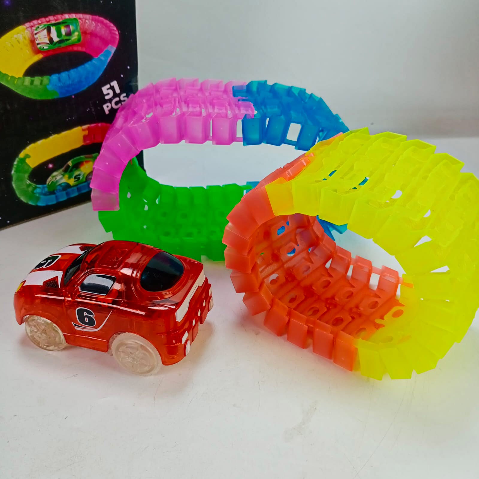 Battery Operated Nifty Glow In Dark Car Wister Track Race Set
