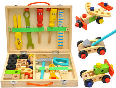 Wooden Toolbox Premium Quality Pretend Play Set Educational Montessori Toys Nut Disassembly Screw Assembly Simulation Repair Carpenter Tool
