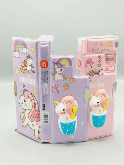 3D Unicorn Themed Double-Sided Magnetic Geometry Box with dual Sharpeners, Fancy Pencil Case for School kids-Boys and Girls